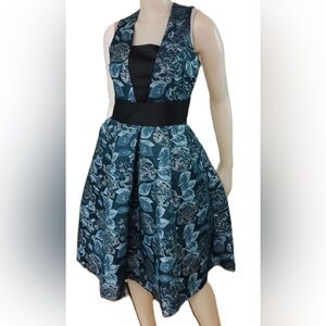 Eva Mendes by New York & Company Teal Floral Cocktail Dress with Black Accents
